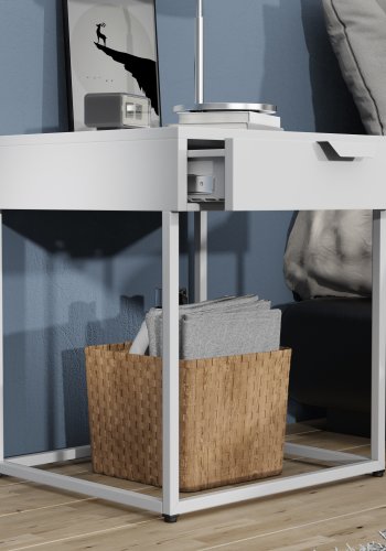 VCM NORDIC Flokas S sengebord, m. 1 skuffe - hvid metal (43x41)