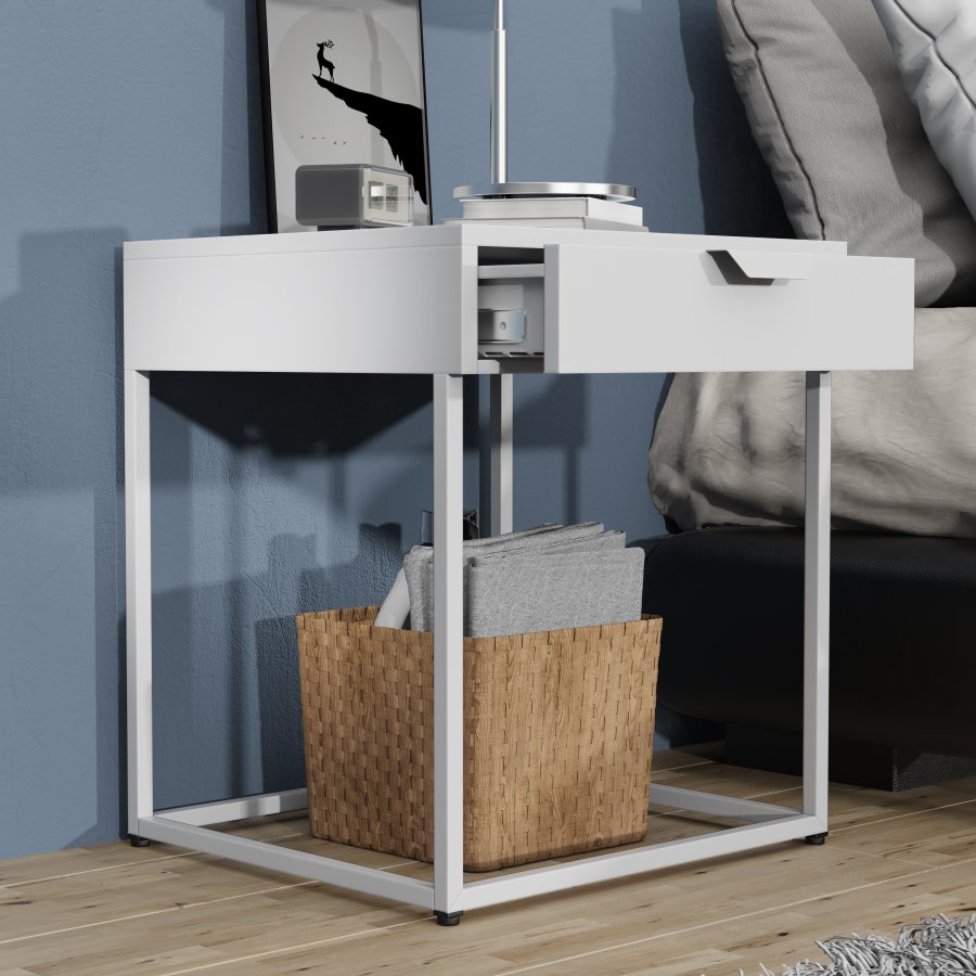 VCM NORDIC Flokas S sengebord, m. 1 skuffe - hvid metal (43x41)