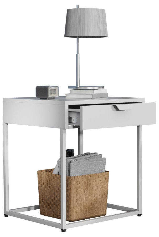 VCM NORDIC Flokas S sengebord, m. 1 skuffe - hvid metal (43x41)