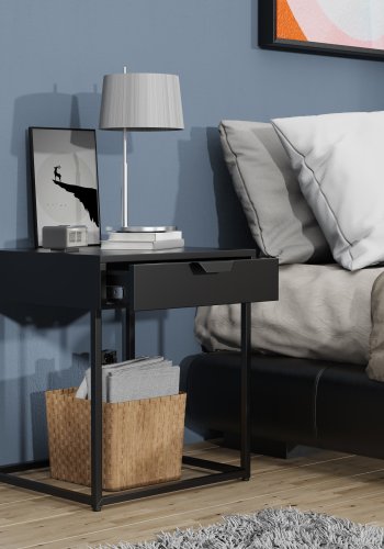 VCM NORDIC Flokas S sengebord, m. 1 skuffe - sort metal (43x41)