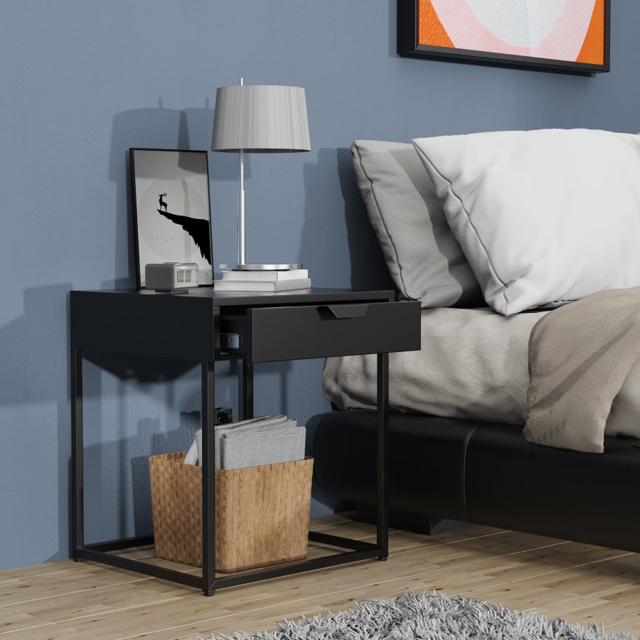 VCM NORDIC Flokas S sengebord, m. 1 skuffe - sort metal (43x41)