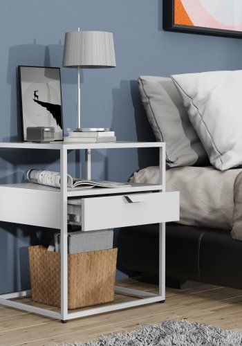VCM NORDIC Flokas M sengebord, m. 1 bent rum og 1 skuffe - hvid metal (45x40)