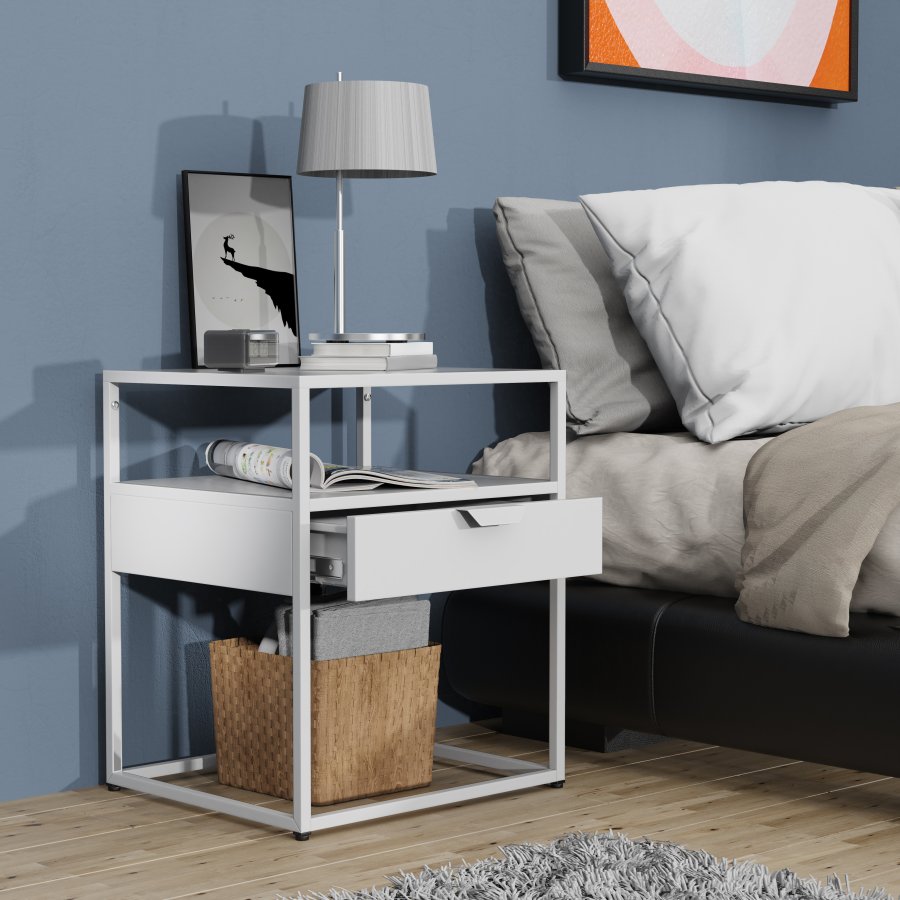 VCM NORDIC Flokas M sengebord, m. 1 bent rum og 1 skuffe - hvid metal (45x40)