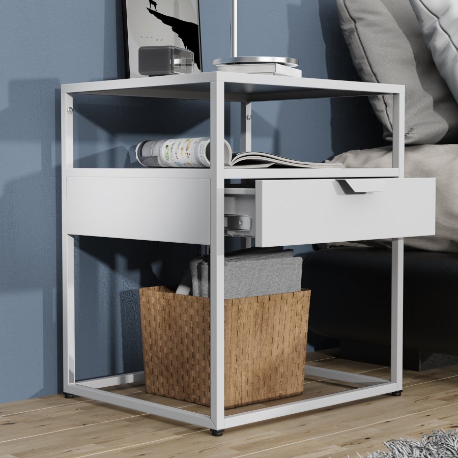 VCM NORDIC Flokas M sengebord, m. 1 bent rum og 1 skuffe - hvid metal (45x40)