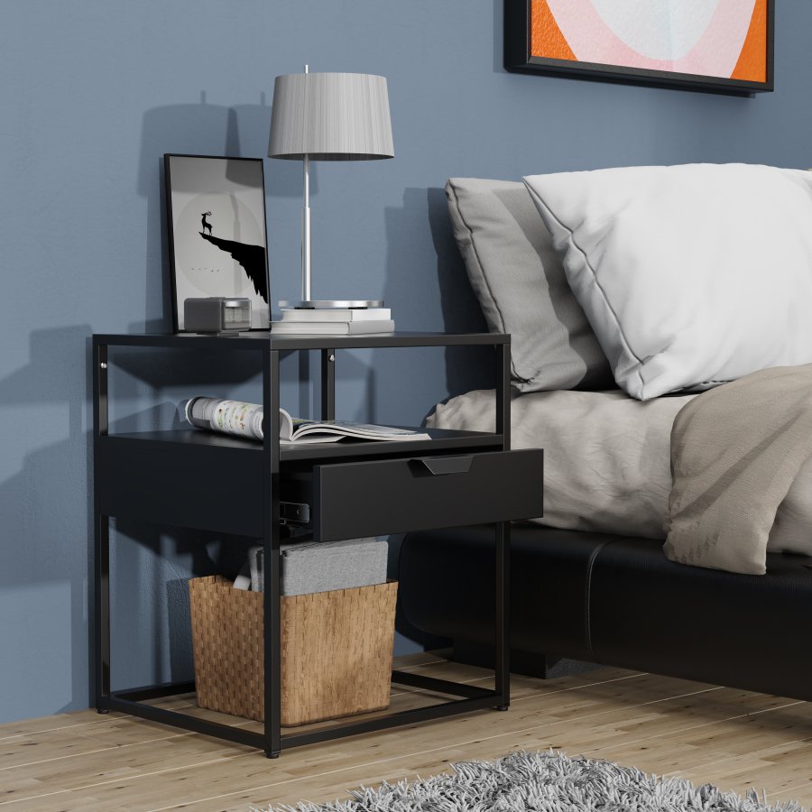 VCM NORDIC Flokas M sengebord, m. 1 bent rum og 1 skuffe - sort metal (45x40)