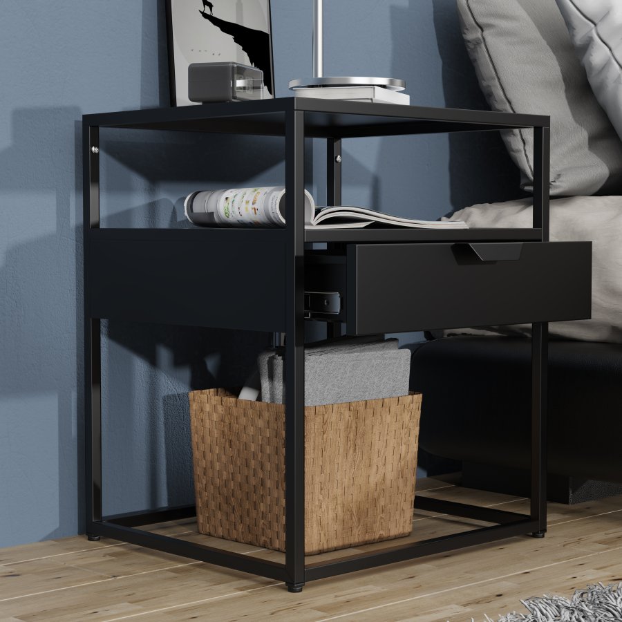 VCM NORDIC Flokas M sengebord, m. 1 bent rum og 1 skuffe - sort metal (45x40)