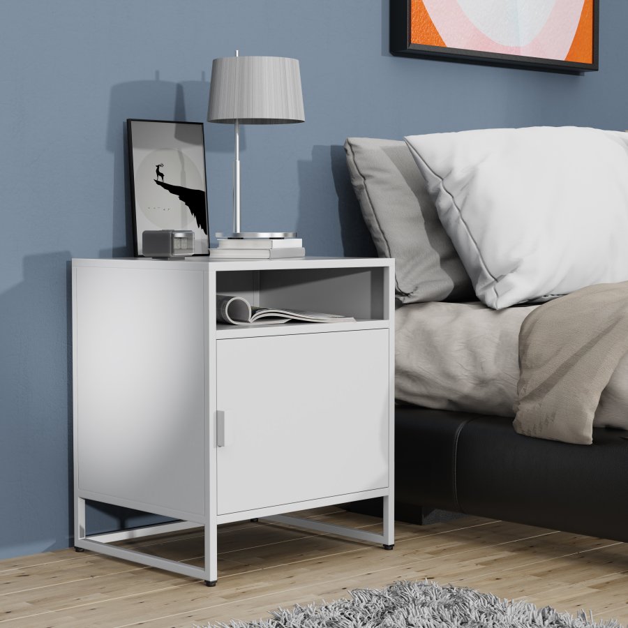 VCM NORDIC Flokas L sengebord, m. 1 bent rum og 1 lge - hvid metal (45x40)