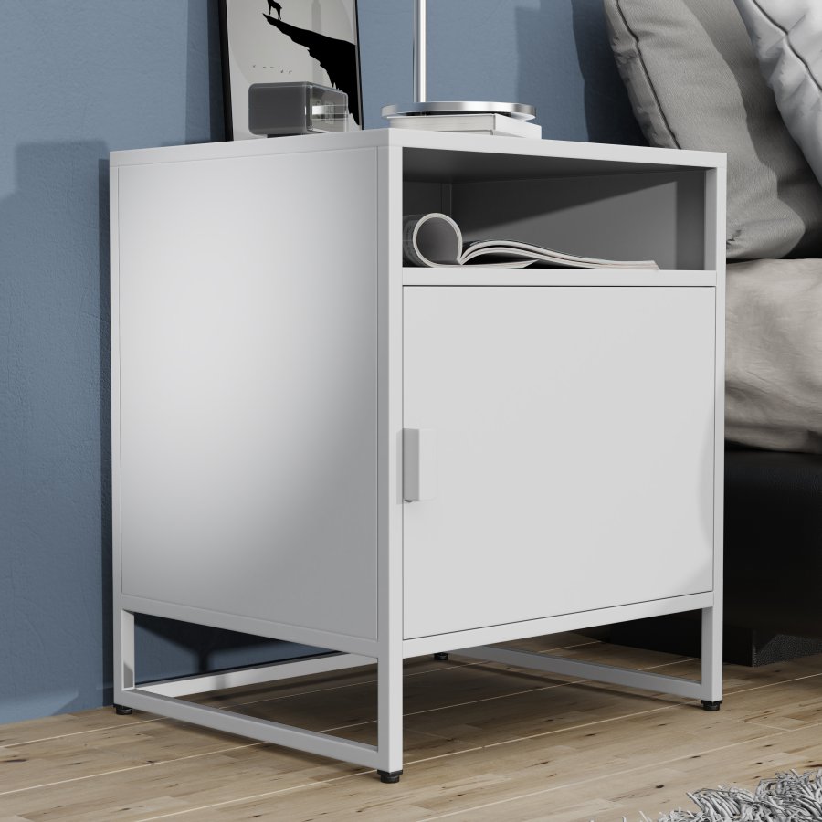 VCM NORDIC Flokas L sengebord, m. 1 bent rum og 1 lge - hvid metal (45x40)