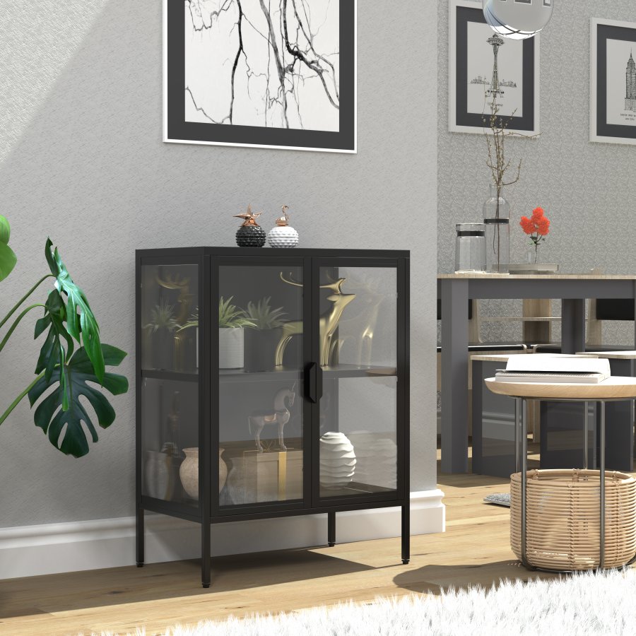 VCM NORDIC Floka S vitrineskab, m. 2 lger og 1 hylde - glas og sort stl