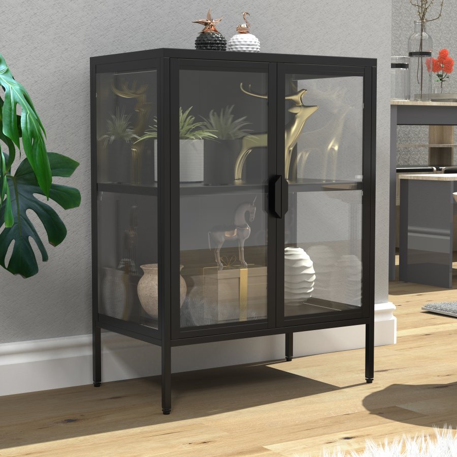 VCM NORDIC Floka S vitrineskab, m. 2 lger og 1 hylde - glas og sort stl