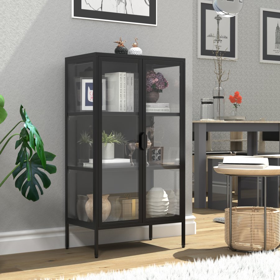 VCM NORDIC Floka M vitrineskab, m. 2 lger og 2 hylder - glas og sort stl