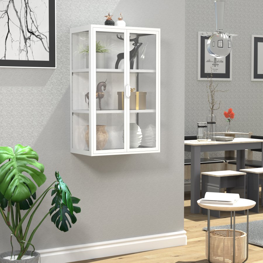 VCM NORDIC Flokas L vgskab, m. 2 lger og 2 hylder - glas og hvid stl