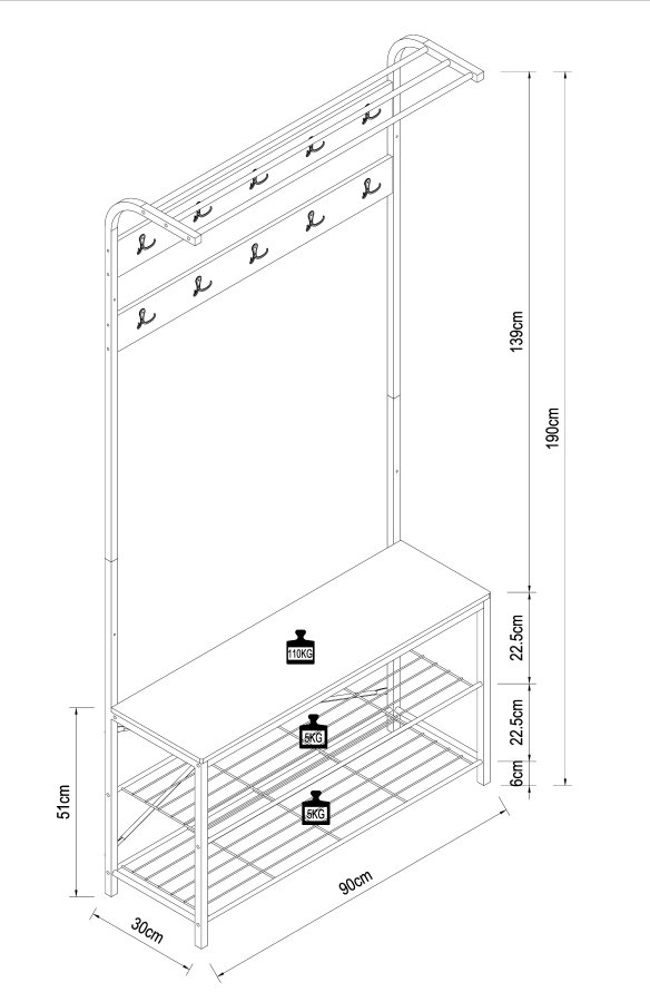 VCM NORDIC Taliro garderobestativ, m. hattehylde, 10 knager, 2 hylder, siddeplads - hvid/sort metal