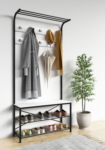 VCM NORDIC Taliro garderobestativ, m. hattehylde, 10 knager, 2 hylder, siddeplads - hvid/sort metal