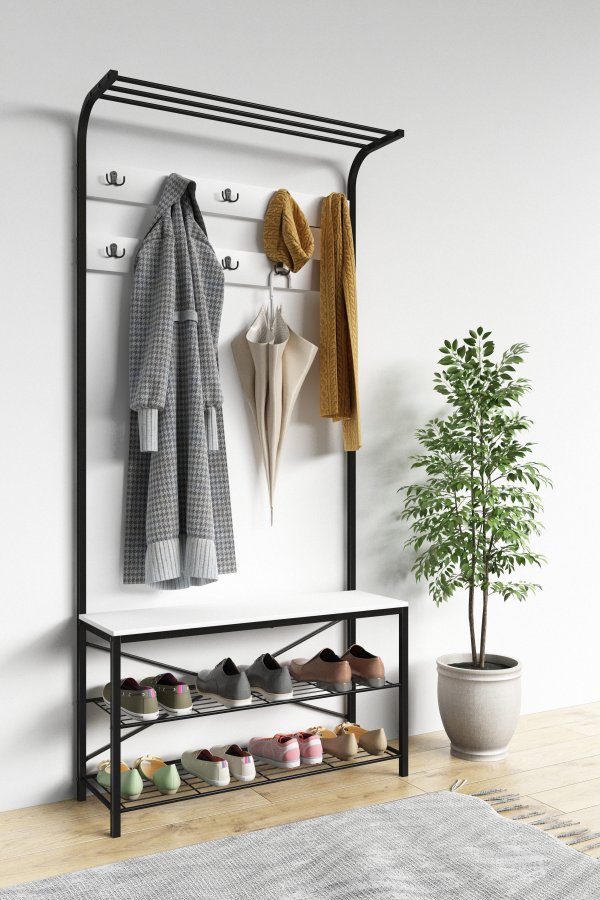 VCM NORDIC Taliro garderobestativ, m. hattehylde, 10 knager, 2 hylder, siddeplads - hvid/sort metal