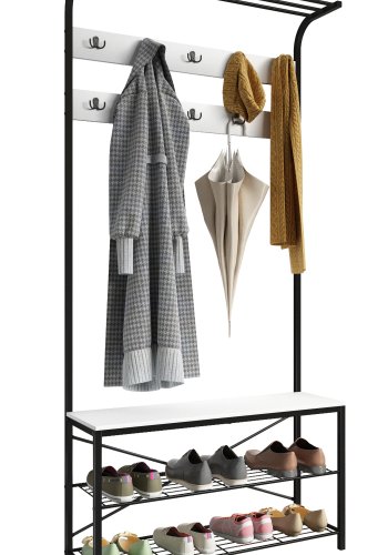 VCM NORDIC Taliro garderobestativ, m. hattehylde, 10 knager, 2 hylder, siddeplads - hvid/sort metal