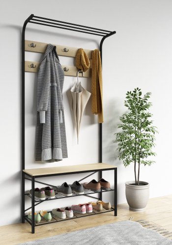 VCM NORDIC Taliro garderobestativ, m. hattehylde, 10 knager, 2 hylder, siddeplads - natur/sort metal