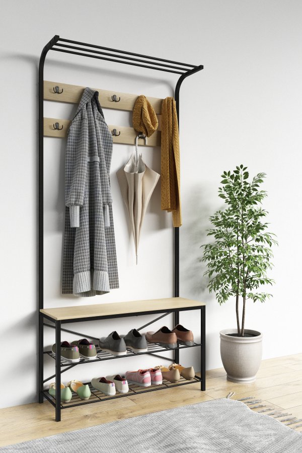 VCM NORDIC Taliro garderobestativ, m. hattehylde, 10 knager, 2 hylder, siddeplads - natur/sort metal