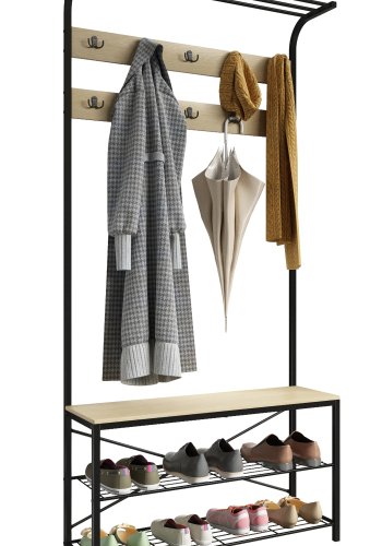 VCM NORDIC Taliro garderobestativ, m. hattehylde, 10 knager, 2 hylder, siddeplads - natur/sort metal