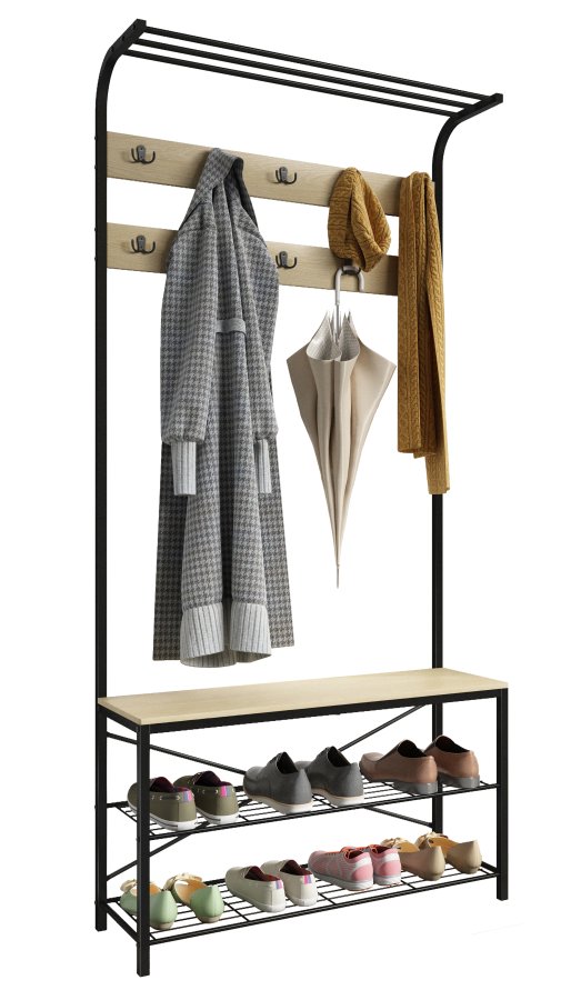 VCM NORDIC Taliro garderobestativ, m. hattehylde, 10 knager, 2 hylder, siddeplads - natur/sort metal