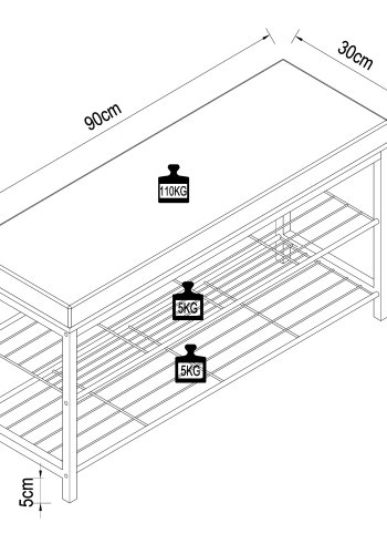 VCM NORDIC Taliro skostativ, m. 2 hylder og polstret bnkesde - hvid og sort metal (90x30)