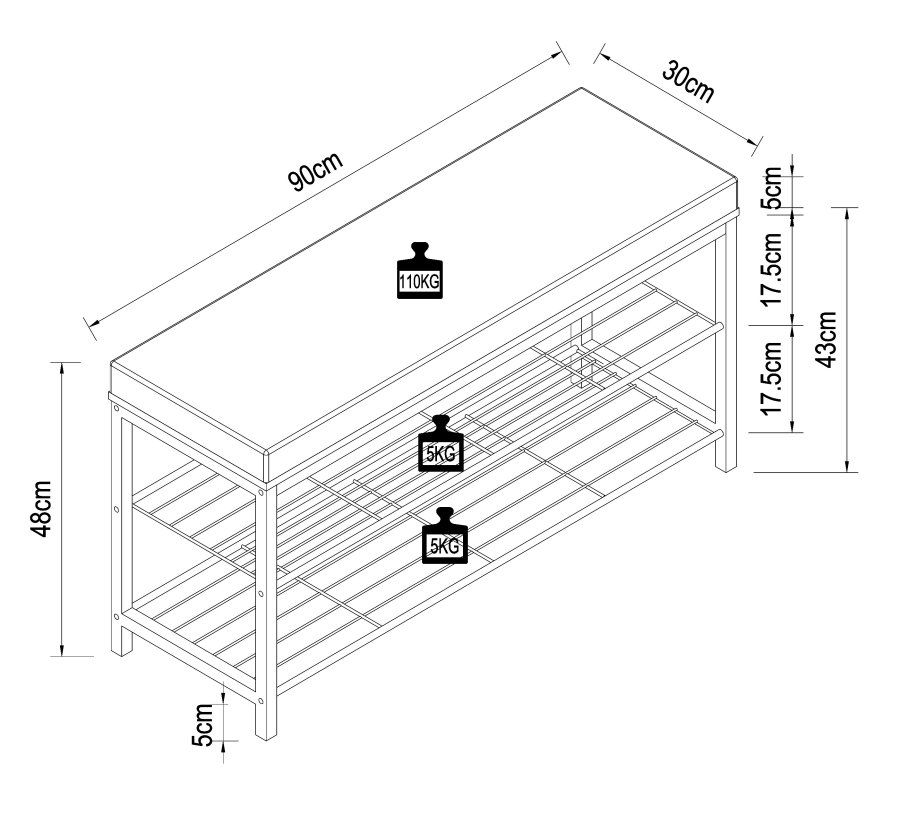VCM NORDIC Taliro skostativ, m. 2 hylder og polstret bnkesde - hvid og sort metal (90x30)