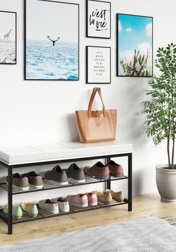 VCM NORDIC Taliro skostativ, m. 2 hylder og polstret bnkesde - hvid og sort metal (90x30)