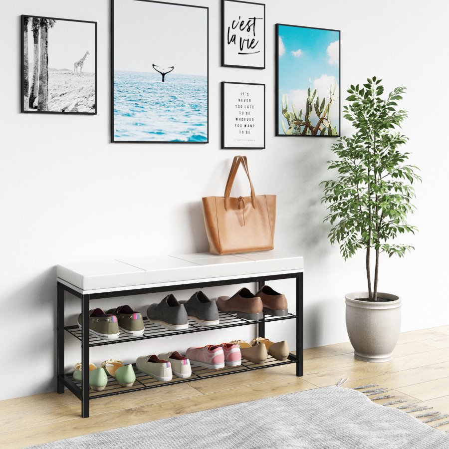 VCM NORDIC Taliro skostativ, m. 2 hylder og polstret bnkesde - hvid og sort metal (90x30)