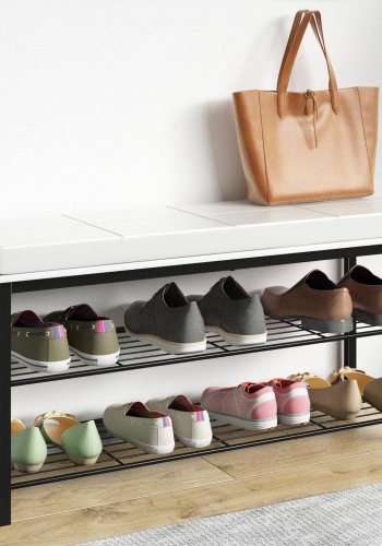 VCM NORDIC Taliro skostativ, m. 2 hylder og polstret bnkesde - hvid og sort metal (90x30)