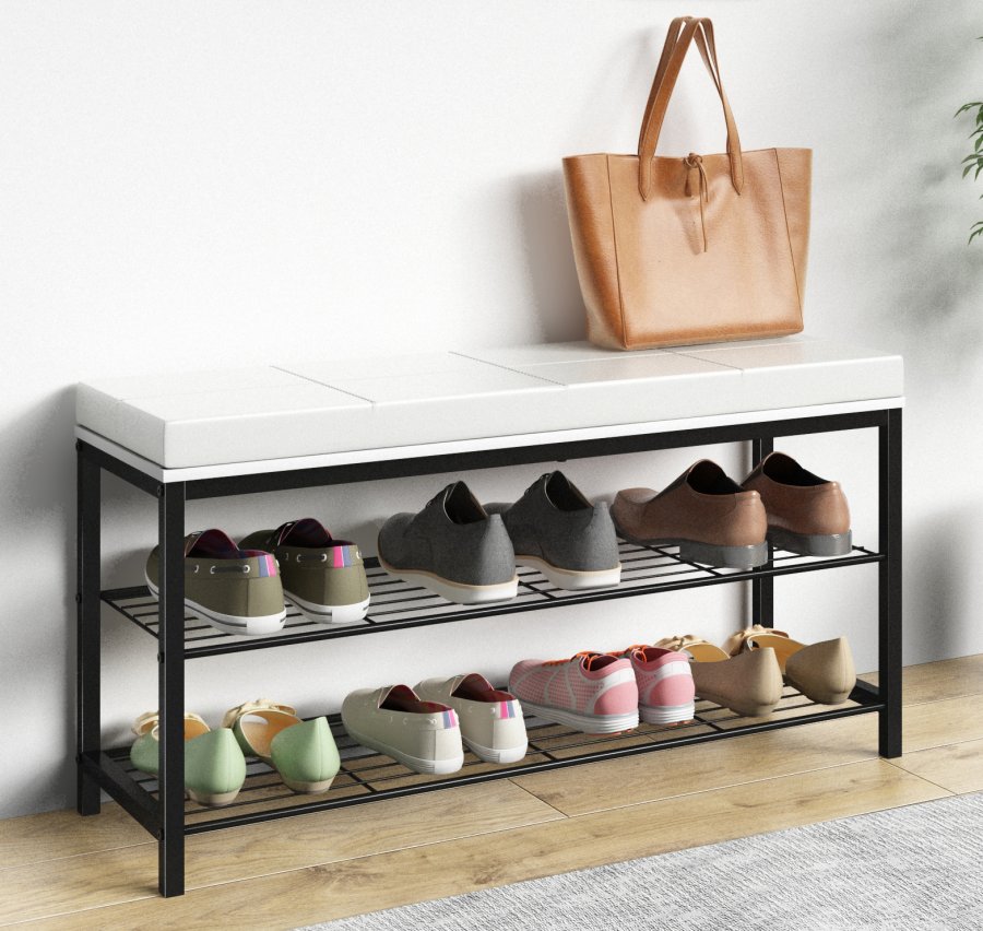 VCM NORDIC Taliro skostativ, m. 2 hylder og polstret bnkesde - hvid og sort metal (90x30)