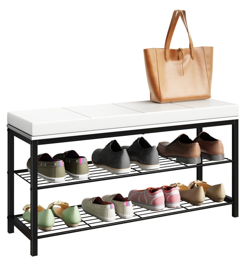 VCM NORDIC Taliro skostativ, m. 2 hylder og polstret bnkesde - hvid og sort metal (90x30)