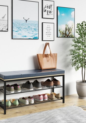 VCM NORDIC Taliro skostativ, m. 2 hylder og polstret bnkesde - natur og sort metal (90x30)