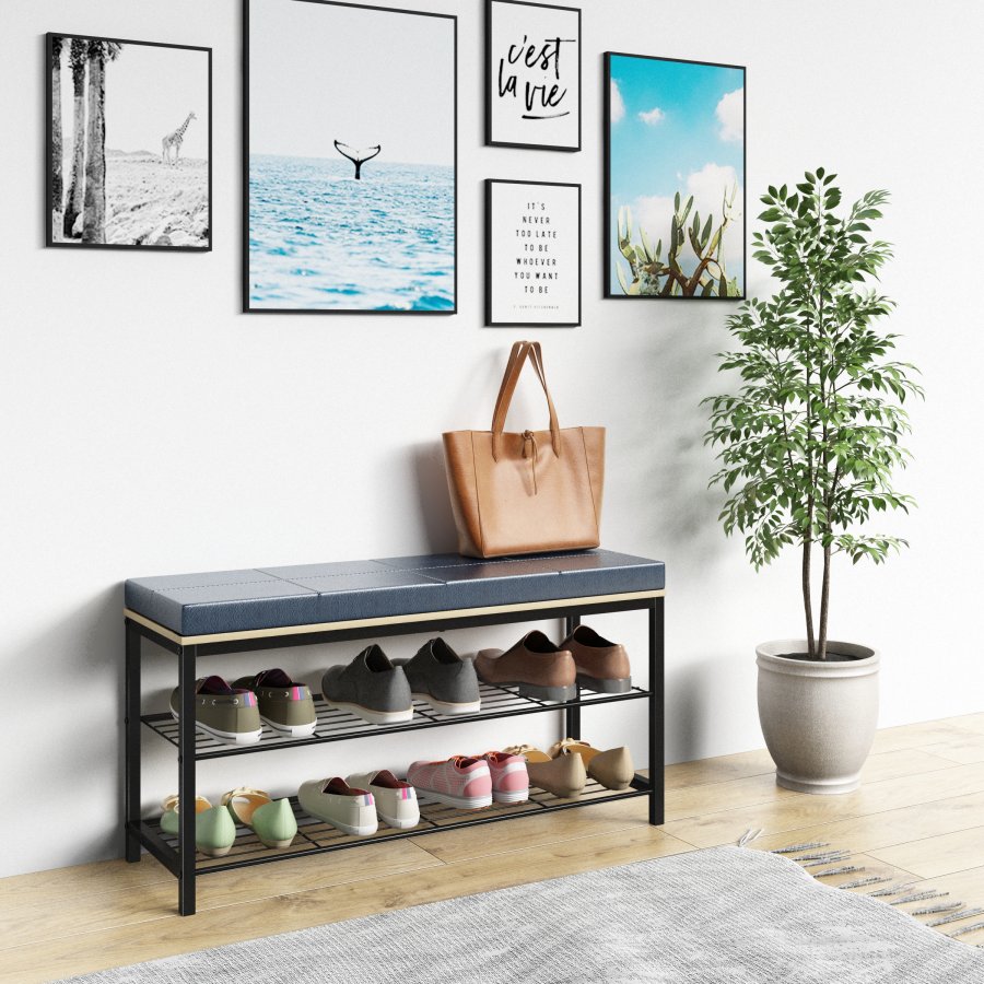 VCM NORDIC Taliro skostativ, m. 2 hylder og polstret bnkesde - natur og sort metal (90x30)