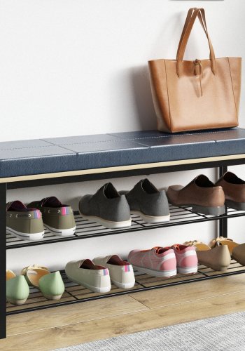 VCM NORDIC Taliro skostativ, m. 2 hylder og polstret bnkesde - natur og sort metal (90x30)