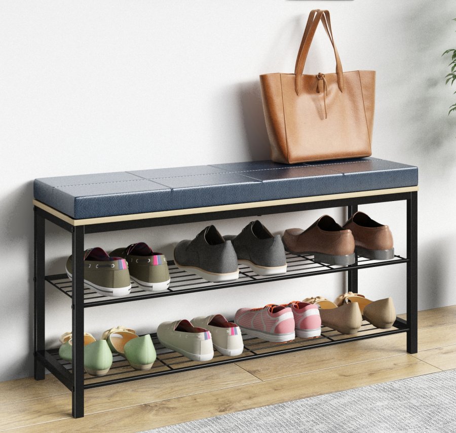 VCM NORDIC Taliro skostativ, m. 2 hylder og polstret bnkesde - natur og sort metal (90x30)