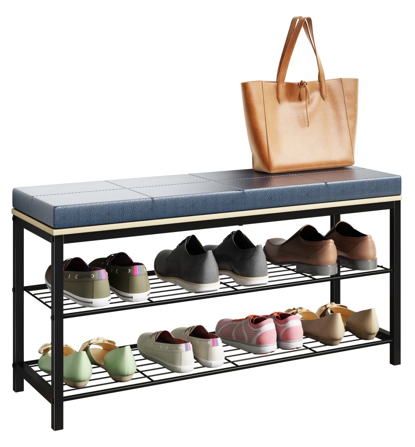 VCM NORDIC Taliro skostativ, m. 2 hylder og polstret bnkesde - natur og sort metal (90x30)