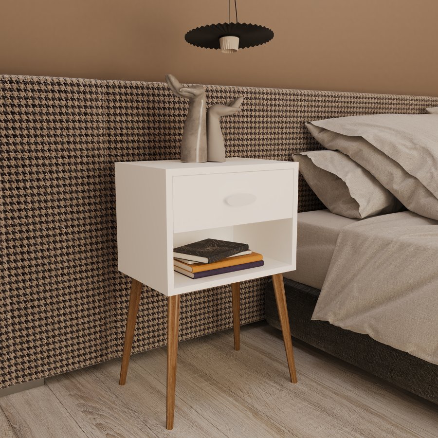 VCM NORDIC Singol XL sengebord, m. 1 rum og 1 skuffe - hvid tr (45x30)