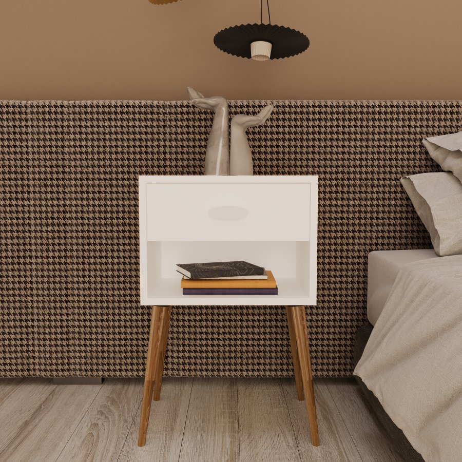 VCM NORDIC Singol XL sengebord, m. 1 rum og 1 skuffe - hvid tr (45x30)