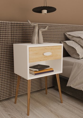 VCM NORDIC Singol XL sengebord, m. 1 rum og 1 skuffe - hvid/natur tr (45x30)