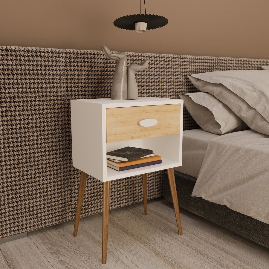 VCM NORDIC Singol XL sengebord, m. 1 rum og 1 skuffe - hvid/natur tr (45x30)