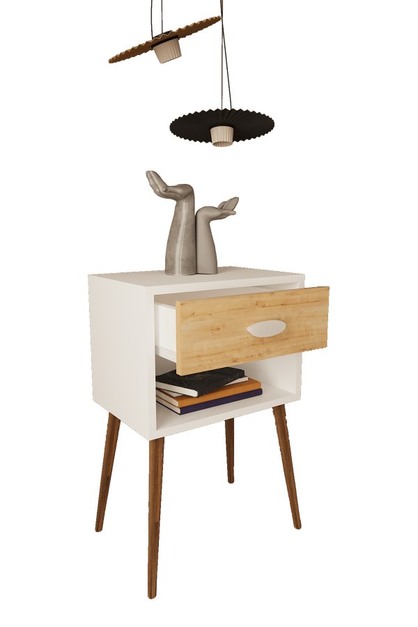 VCM NORDIC Singol XL sengebord, m. 1 rum og 1 skuffe - hvid/natur tr (45x30)