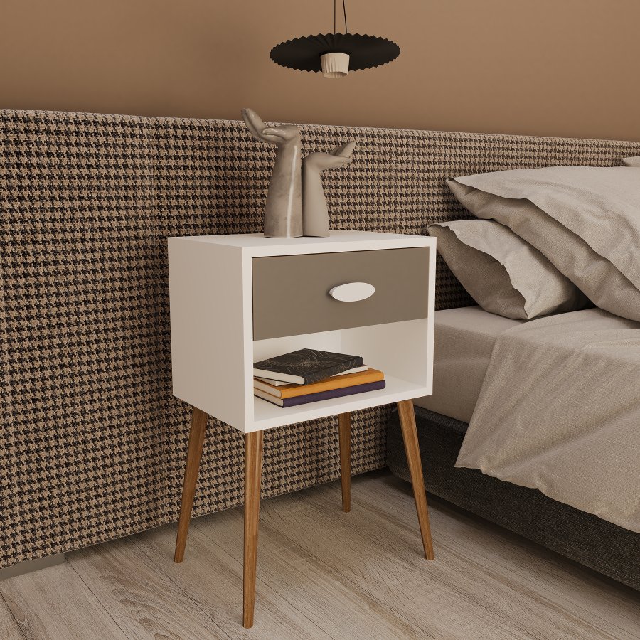 VCM NORDIC Singol XL sengebord, m. 1 rum og 1 skuffe - hvid/antracitgr tr (45x30)