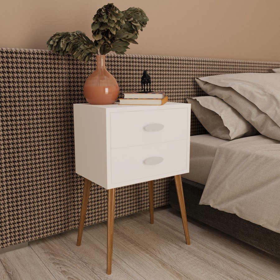 VCM NORDIC Singol XXL sengebord, m. 2 skuffer - hvid tr (45x30)