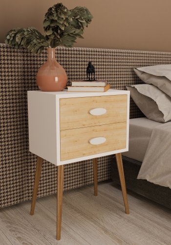 VCM NORDIC Singol XXL sengebord, m. 2 skuffer - hvid/natur tr (45x30)