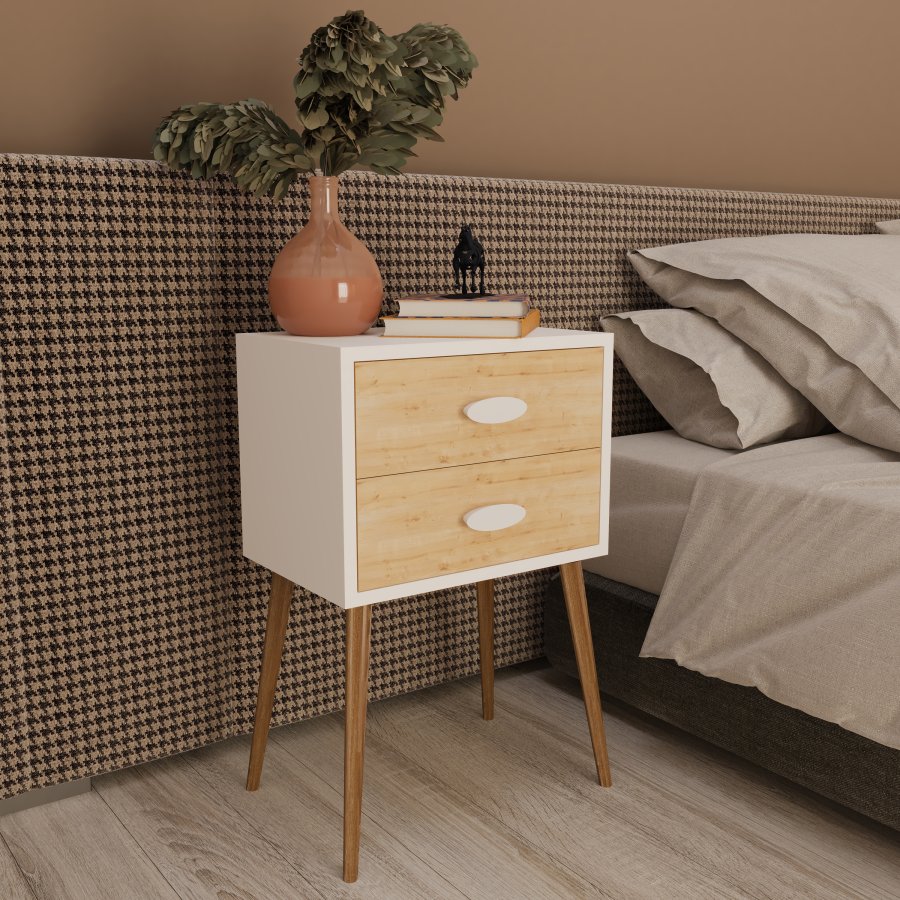 VCM NORDIC Singol XXL sengebord, m. 2 skuffer - hvid/natur tr (45x30)