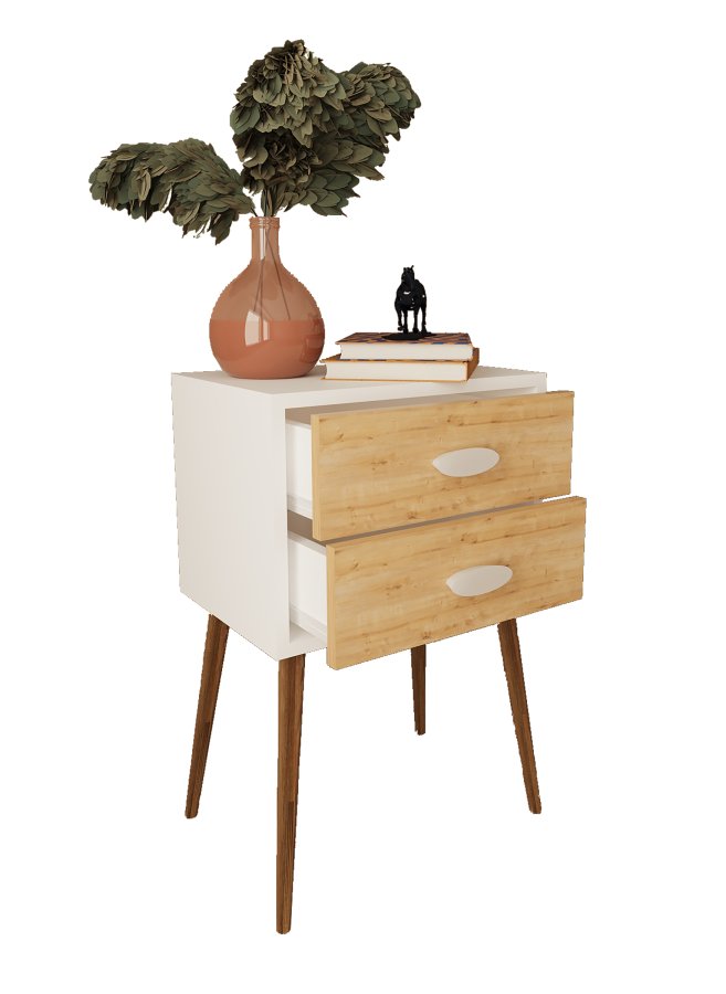 VCM NORDIC Singol XXL sengebord, m. 2 skuffer - hvid/natur tr (45x30)