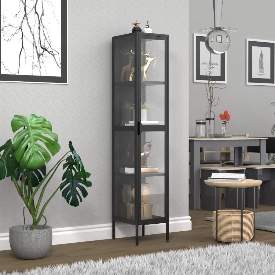 VCM NORDIC Floka XL vitrineskab, m. 1 lge og 3 hylder - glas og sort stl