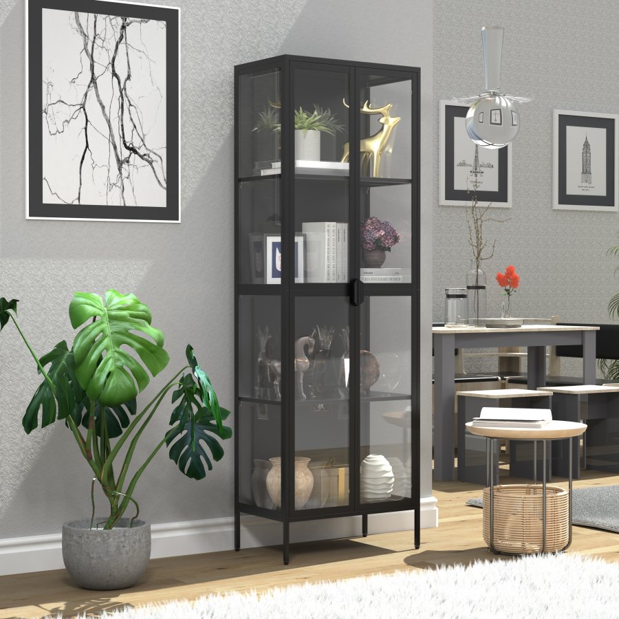 VCM NORDIC Floka XXL vitrineskab, m. 2 lge og 3 hylder - glas og sort stl