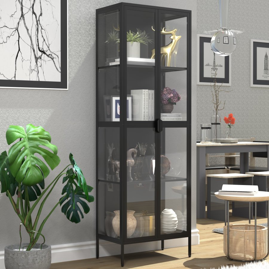 VCM NORDIC Floka XXL vitrineskab, m. 2 lge og 3 hylder - glas og sort stl