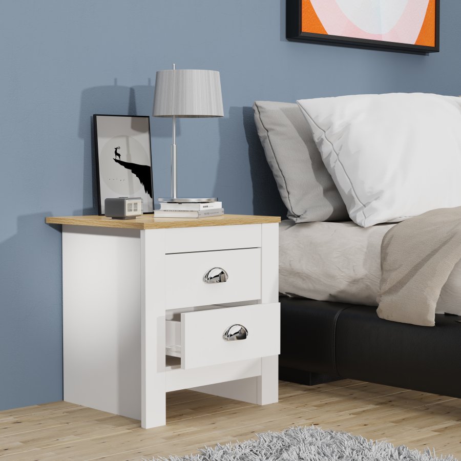 VCM NORDIC Balusa sengebord, m. 2 skuffer - hvid/natur tr (45x40)